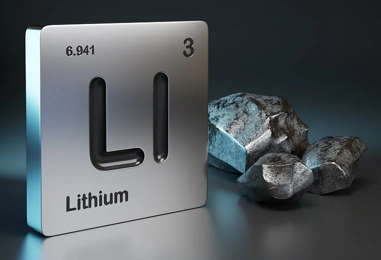 Lithium element symbol from the periodic table near metallic lithium with copy space